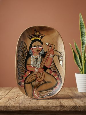 Handpainted Wooden Saraswati Pattachitra Tray Bengal